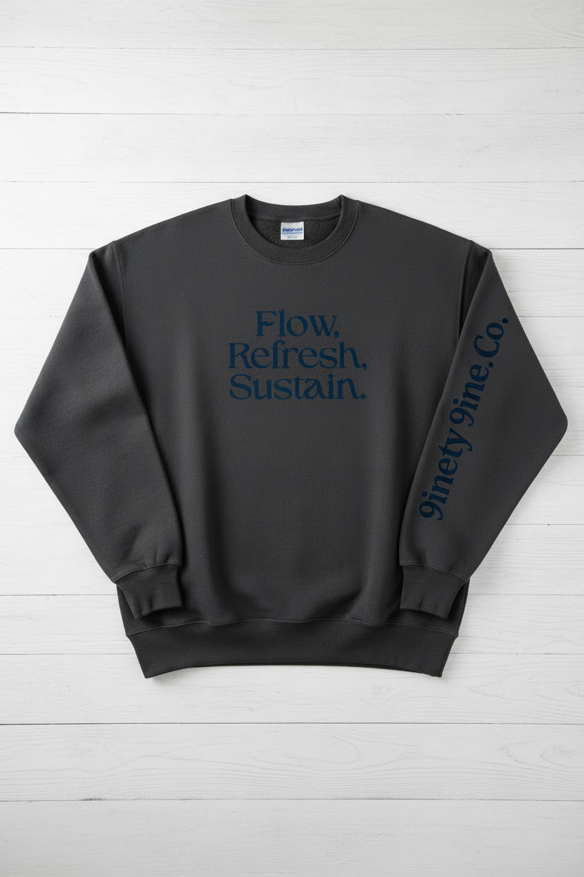 Flow, Fresh, Sustain on a crew neck sweatshirt in blue. 