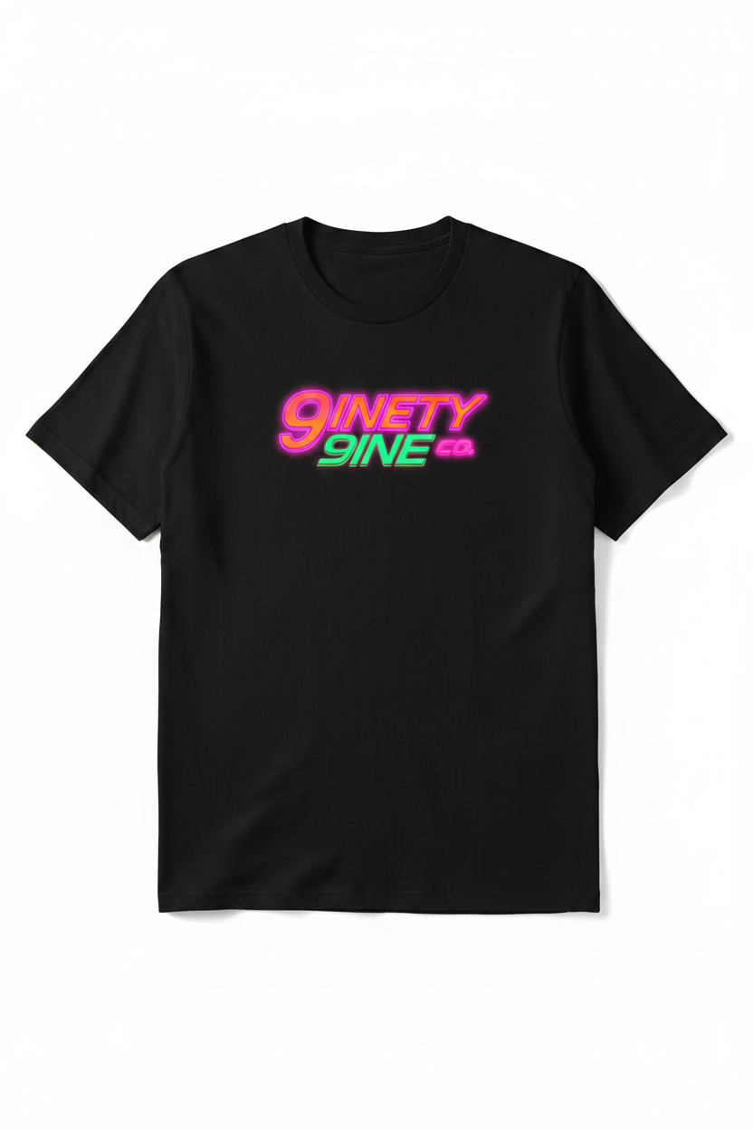 Neon sign with '9inety 9ine co' text on a black background