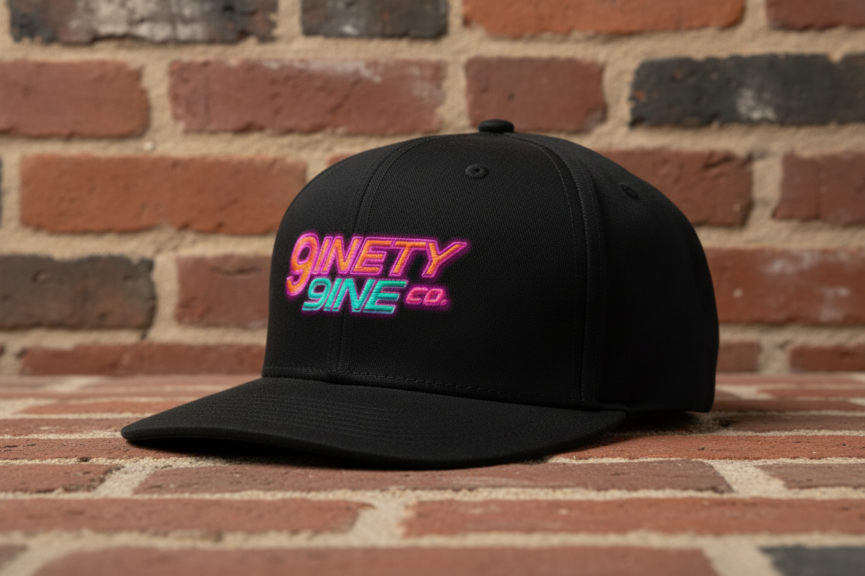 Neon sign with '9inety 9ine co' text on a black hat