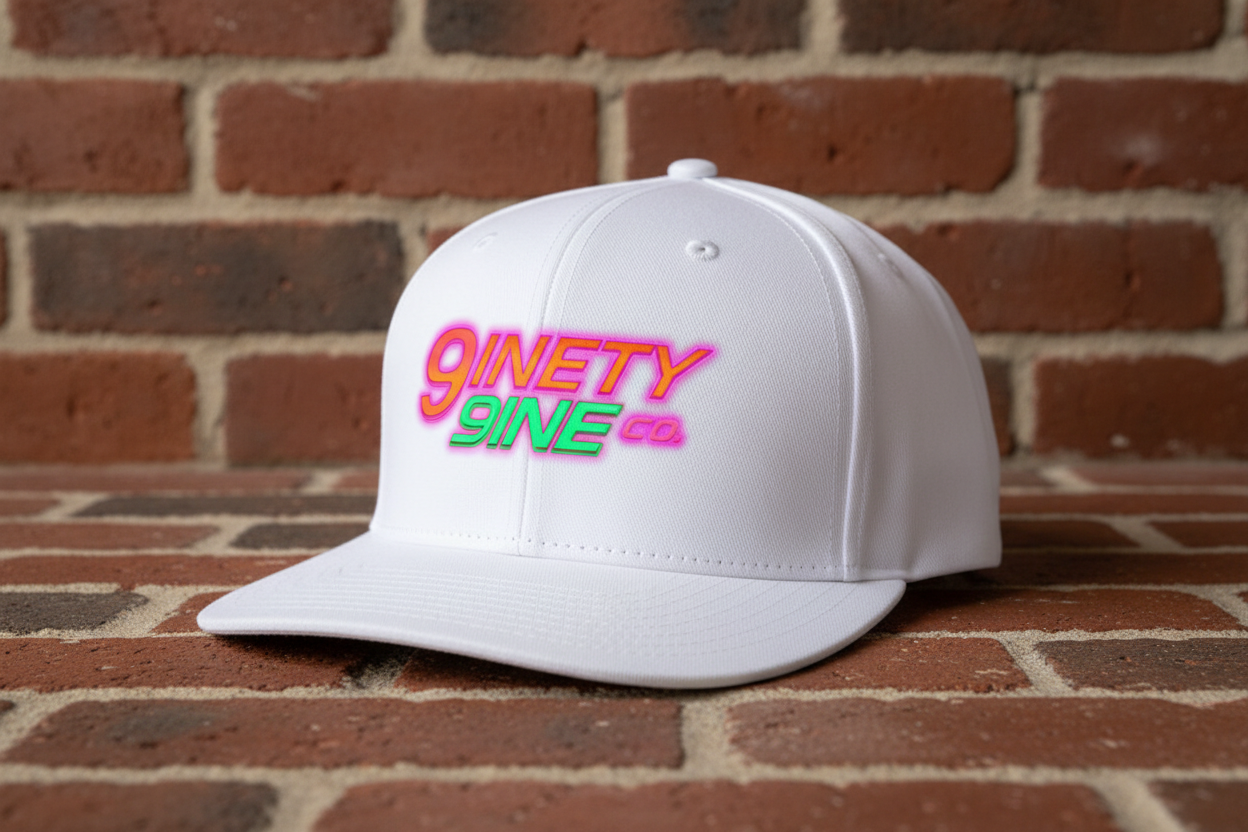 Neon sign with '9inety 9ine co' text on a white hat