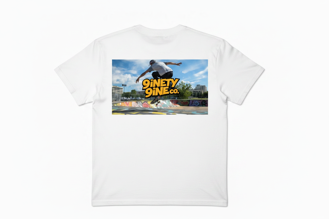 Skateboarder performing a trick at a skate park with '9inety9ine.co' branding.