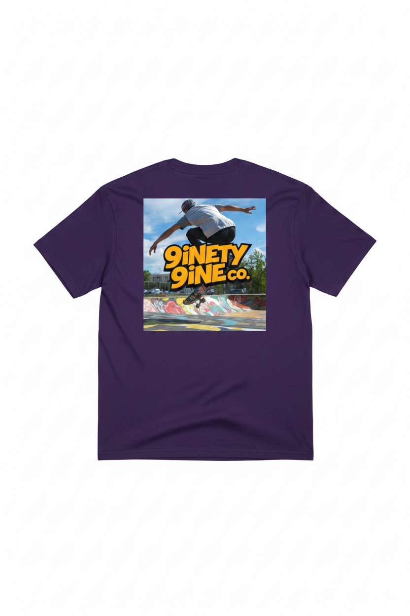 Skateboarder performing a trick at a skate park with '9inety 9ine Co.' branding.