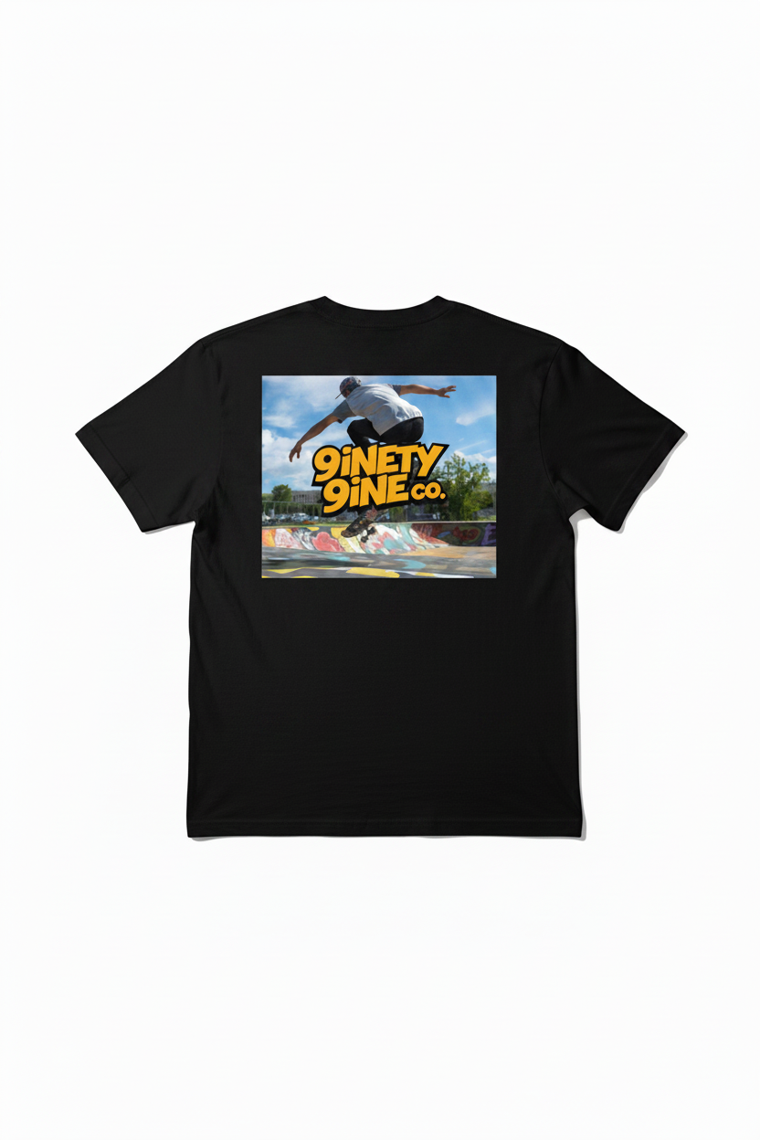 Skateboarder performing a trick at a skate park with '9inety9ine.co' branding.
